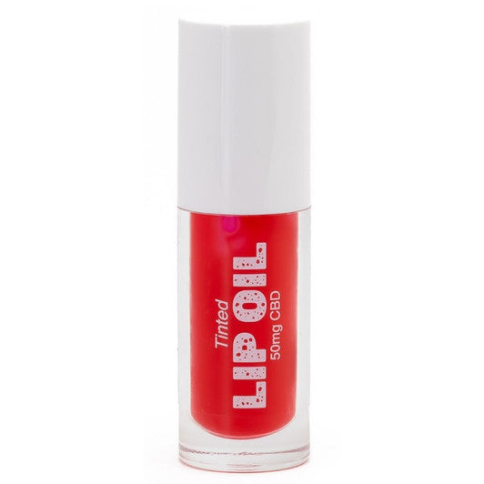 Clear bottle of red Tinted Lip Oil, "Tinted LIP OIL 50mg CBD" in white text, white cap. Available in 10ml and 20ml sizes.