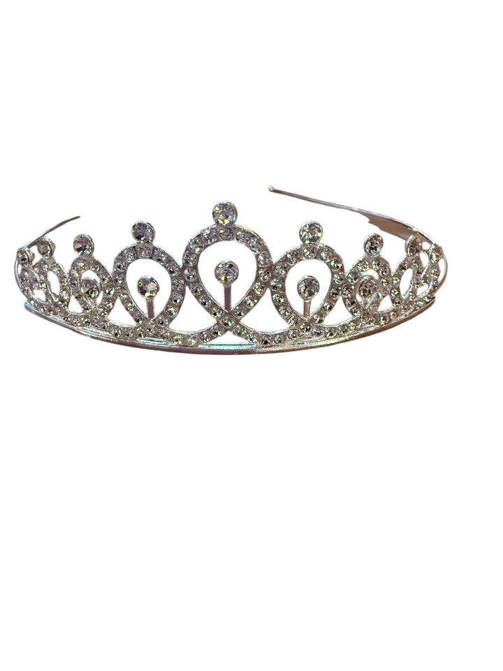 Children’s rhinestone crown in silver-tone with teardrop shapes and clear rhinestones.