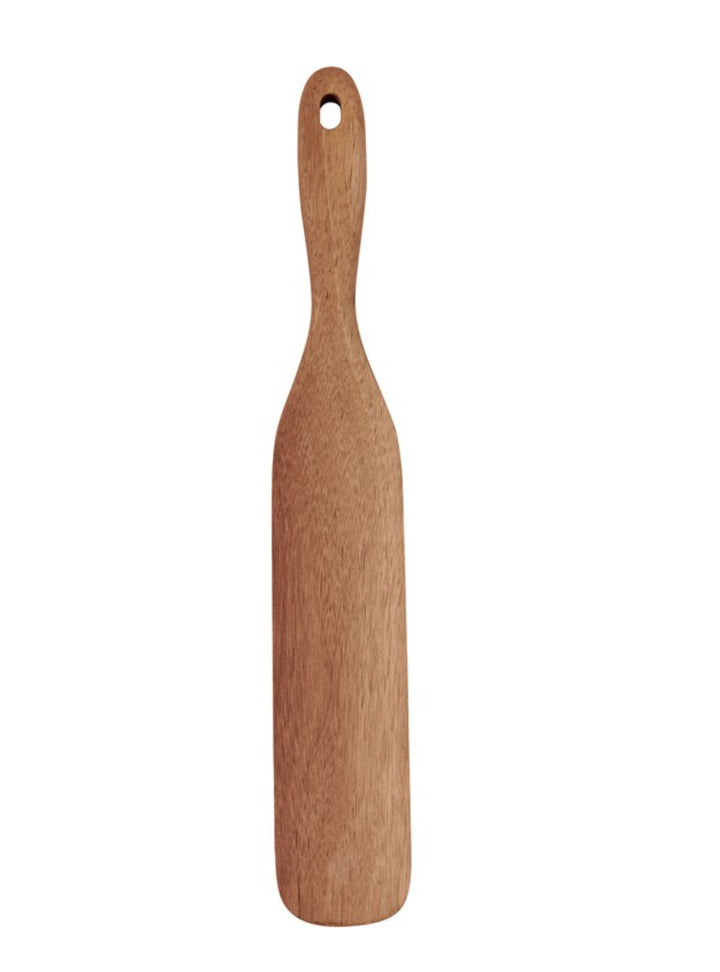 Long, narrow wooden spatula with rounded handle and top hole. Available in 10-inch and 12-inch sizes.