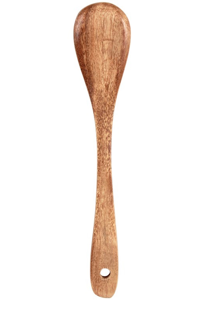 Rustic wood mini spoon with wide, rounded head and long handle with hole. Available sizes: mini only.