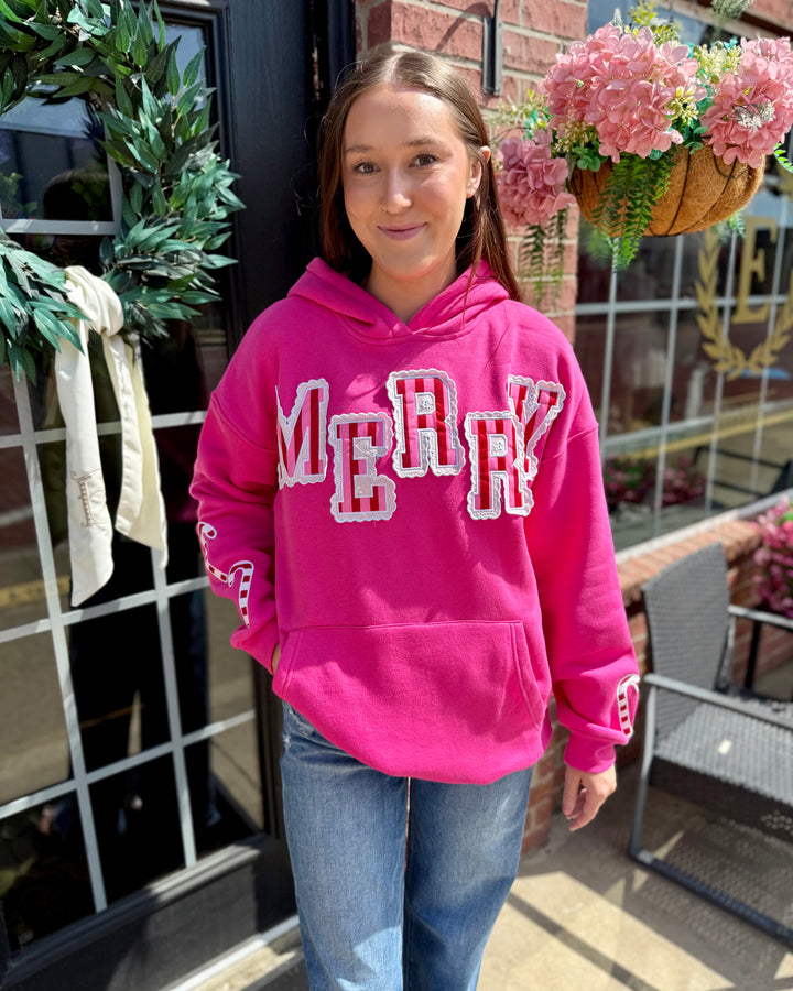 Bright pink Striped Scallop Merry Hoodie; available in sizes XS–XL.