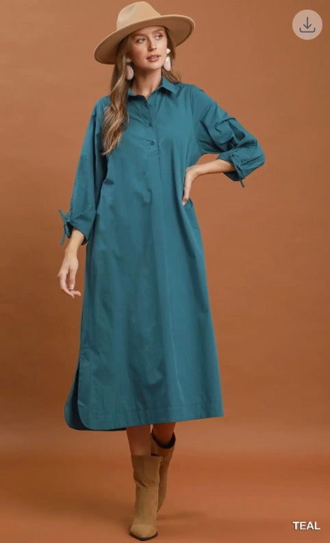 Teal Collared Button Detail Relaxed Midi Dress, available in sizes XS–XL.