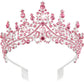 Sparkling silver tiara with pink gemstones, two end combs for grip; available in small, medium, and large sizes.