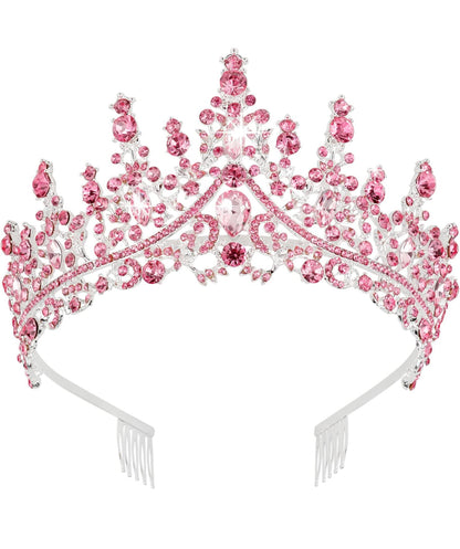 Sparkling silver tiara with pink gemstones, two end combs for grip; available in small, medium, and large sizes.