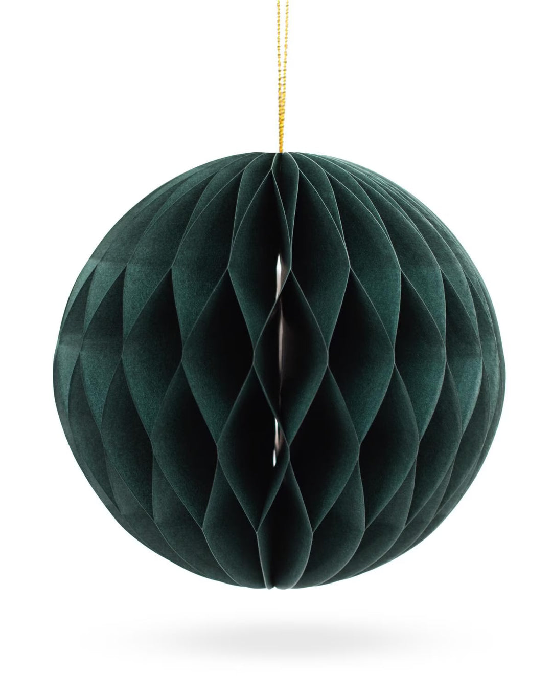 Anderson Paper 6” Ornament: a dark green 6-inch honeycomb paper ornament with a gold hanging string.