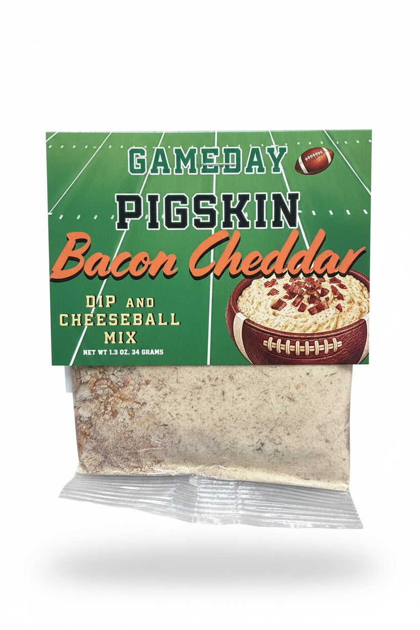 Game Day Collection Dip Mix, football field design, clear window shows powder mix. Sizes available: single-serve and family pack.