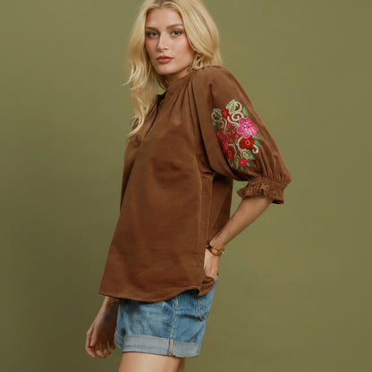 Brown Embroidered Sleeve Corduroy Blouse, available in sizes XS–XL.