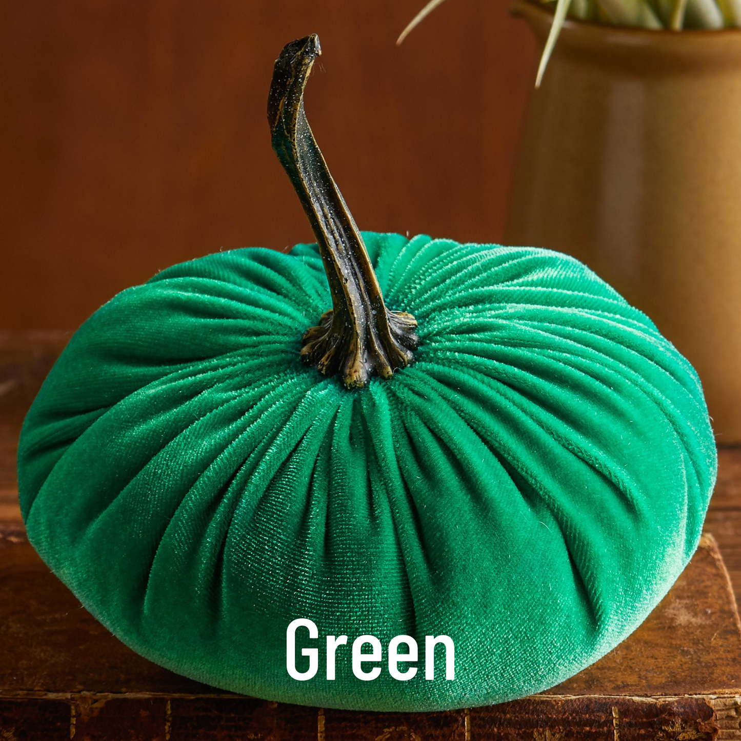 Plush pink velvet pumpkin with a dark, curved stem labeled “Pink.” Available in multiple sizes.