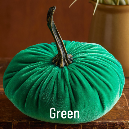 Plush pink velvet pumpkin with a dark, curved stem labeled “Pink.” Available in multiple sizes.