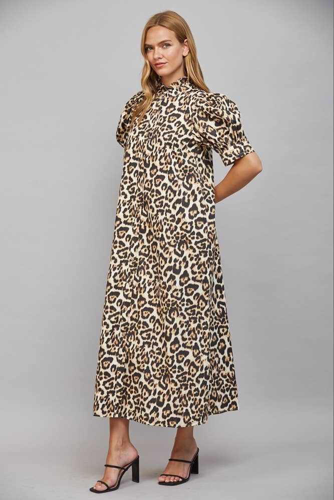 Leopard print ruffled midi dress with high neckline, short puff sleeves, and button-down front. Available in size S, ivory multi.