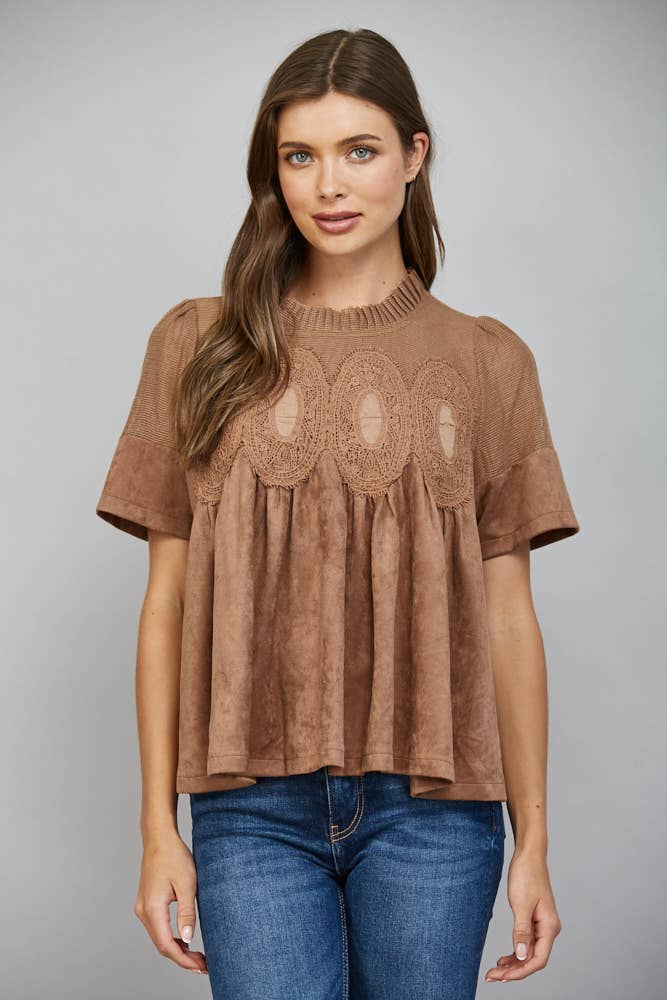 Teal blue short-sleeve faux suede top with a ribbed mock neck, sheer mesh upper panel, and oval lace appliqués.
