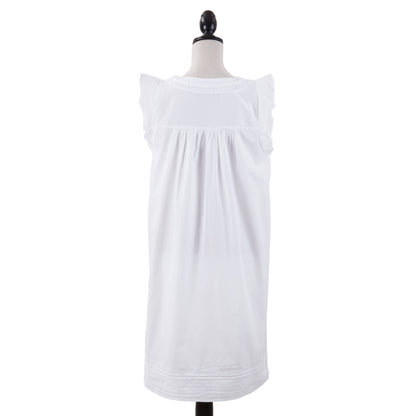 White knee-length nightgown, sleeveless with ruffled shoulders and gathered back. Loose fit. Sizes: S, M, L, XL.