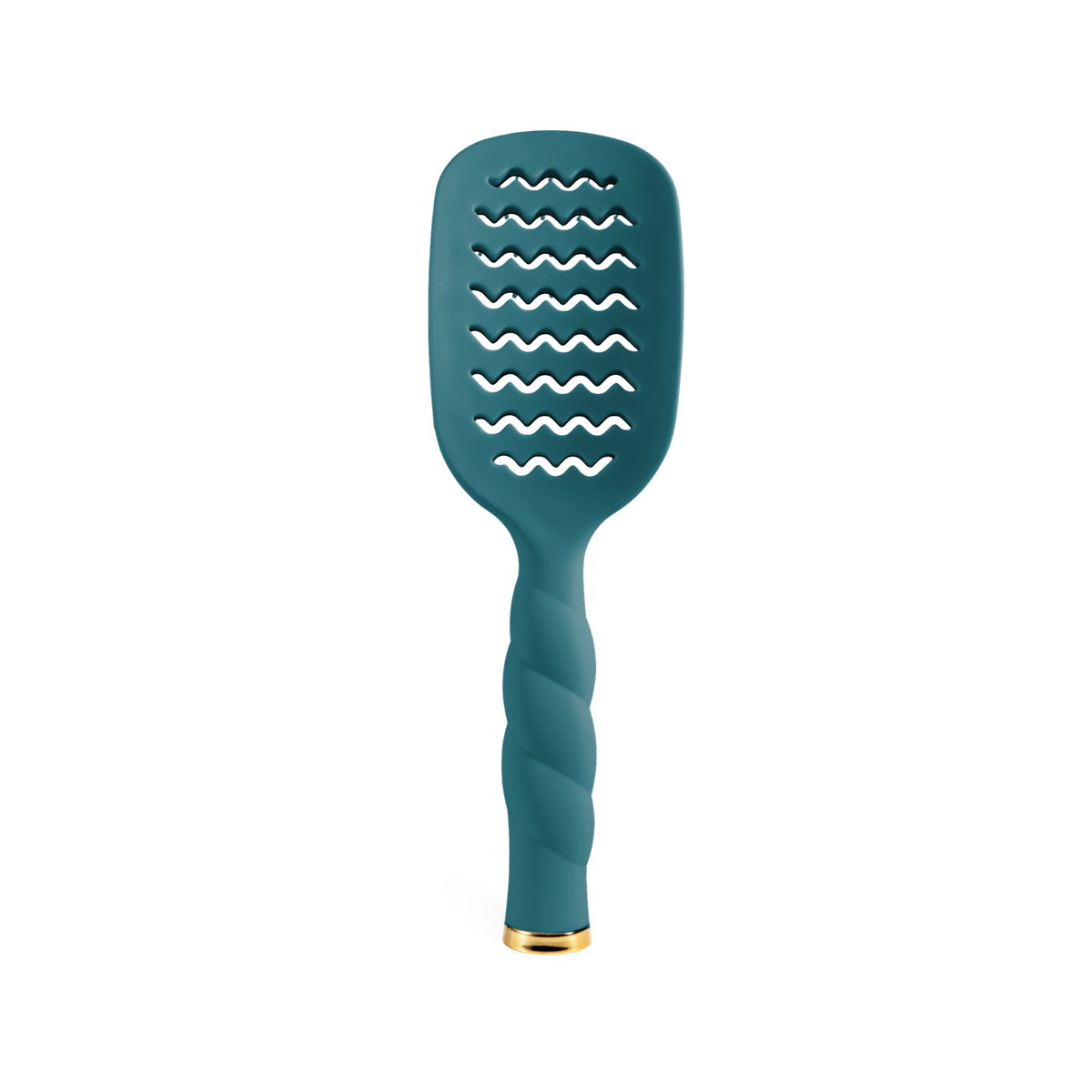 The Vented Hair Brush - Teal With It features a teal color, twisted handle with gold-accented end, wavy slots, and anti-static bristles for faster blowouts. Available in standard and travel sizes.