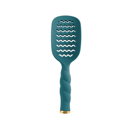 The Vented Hair Brush - Teal With It features a teal color, twisted handle with gold-accented end, wavy slots, and anti-static bristles for faster blowouts. Available in standard and travel sizes.