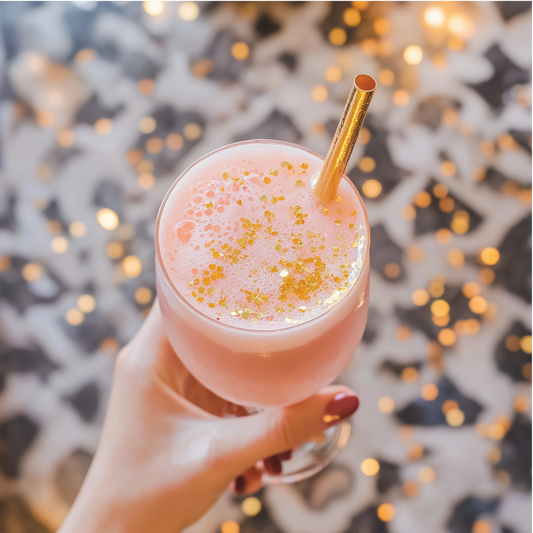 Pink frothy drink with gold glitter and gold straw, made with Sugar Free Sour Fairy Dust Syrup. Available in 250ml and 500ml.