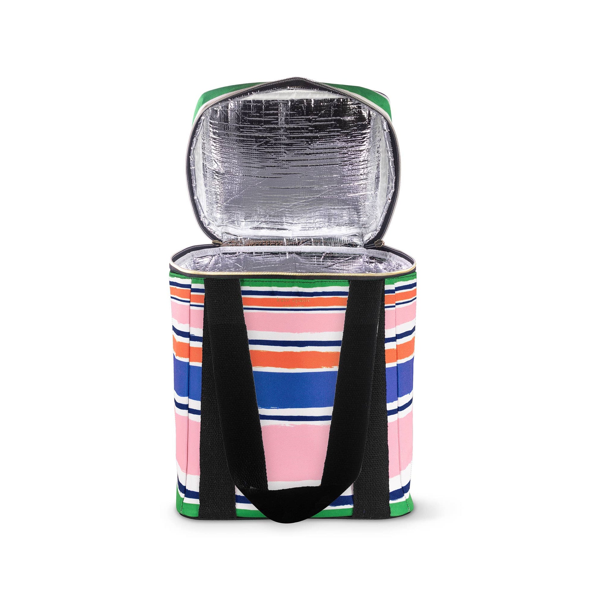 Wine Picnic Cooler, Ocean Stripe: pink, blue, green, orange, white stripes; black handles; zippered lid; silver interior. Sizes: S/M/L.
