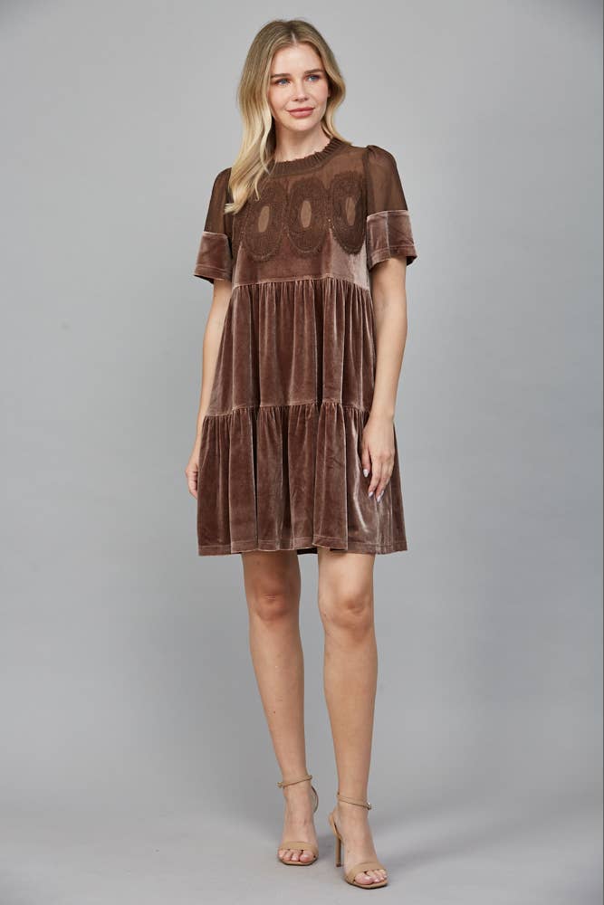 Contrast Sheer Mesh With Intricate Lace Detail Velvet Dress
