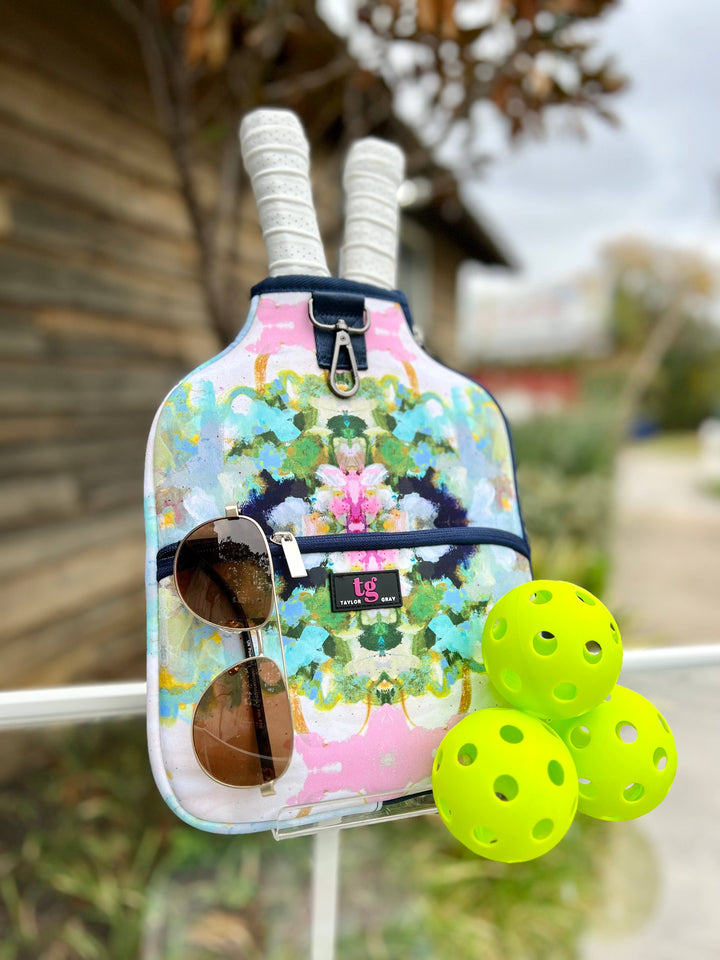 Colorful pickleball bag; holds 2 paddles and 3 balls; available in 2 sizes.
