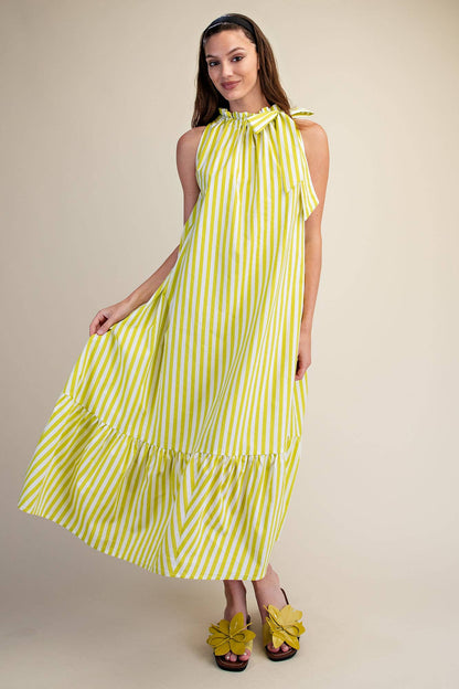 Stripe Midi Dress With Sleeveless Ruffle Neck Tie in navy, shown in size L. Available sizes: S, M, L, XL.