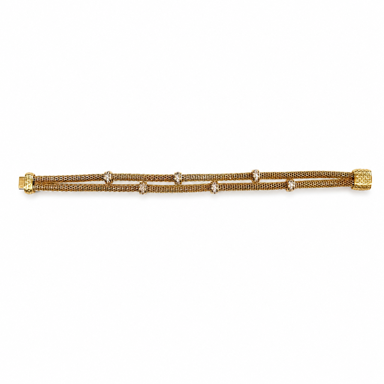 Braided Two-Strand Magnetic CZ Station Bracelet with textured gold mesh, round CZ accents. Available sizes: 7", 7.5", 8".