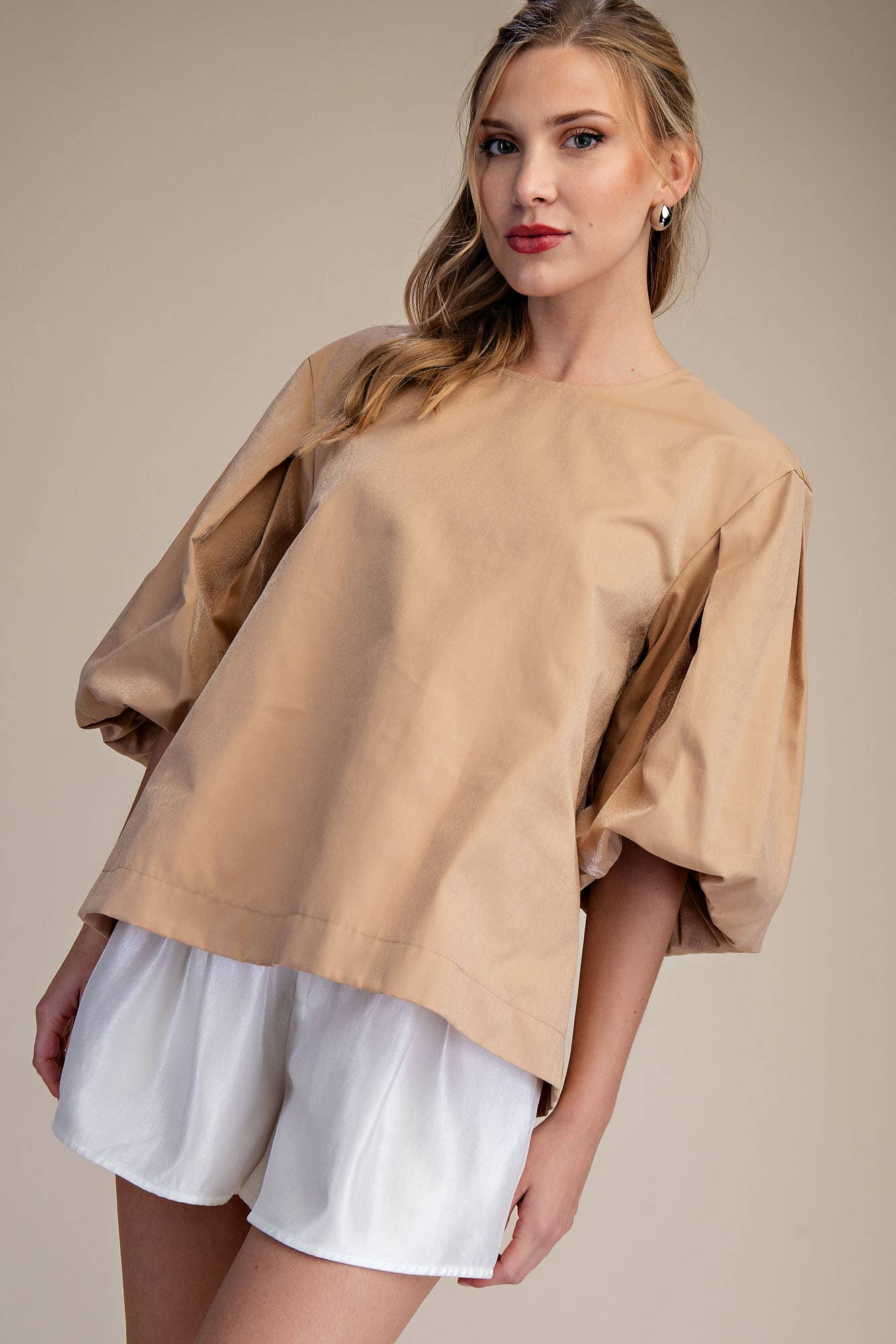 Taupe Round Neck Voluminous Puff Sleeve Top, available in sizes XS-XL.