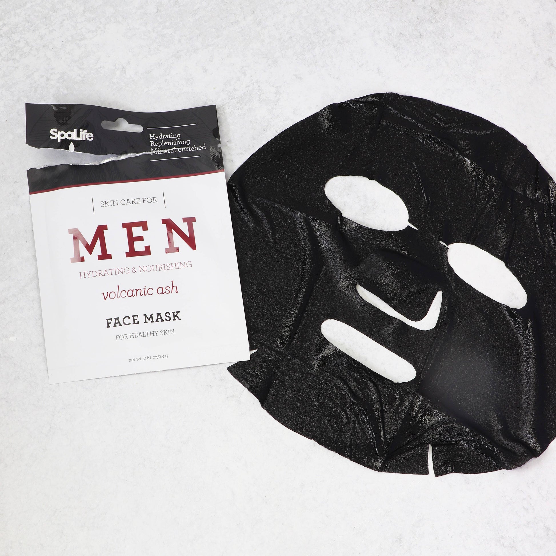 Men's Volcanic Ash Hydrating Facial Mask with packaging shown; available in 50ml and 100ml sizes.