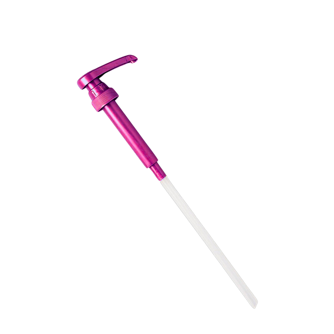 Pink plastic syrup pump with long white dip tube for 750ml bottles. Designed for no-mess, barista-style dispensing.