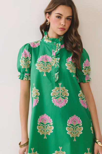 Green Floral Print Ruffle Collar Midi Dress