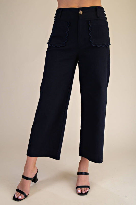 Colette Navy Wide-Leg Scallop Pocket Pants, available in sizes XS-XL. Distinctive scallop pockets and flowy wide-leg fit.