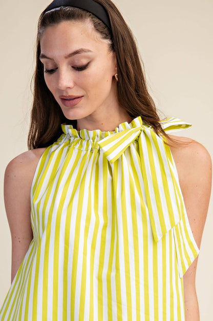 Stripe Midi Dress With Sleeveless Ruffle Neck Tie in navy, shown in size S; available in sizes XS–L.
