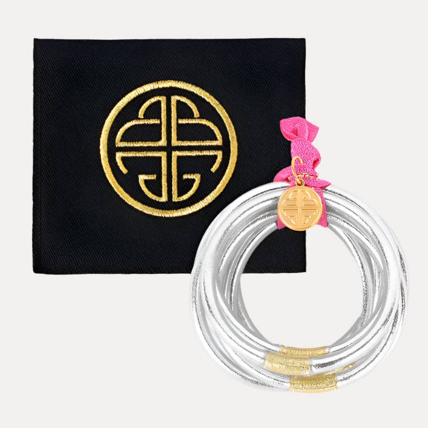 Set of six Silver All Weather Bangles® | Serenity Prayer with pink ribbon and gold charm. Available in S, M, L, XL.