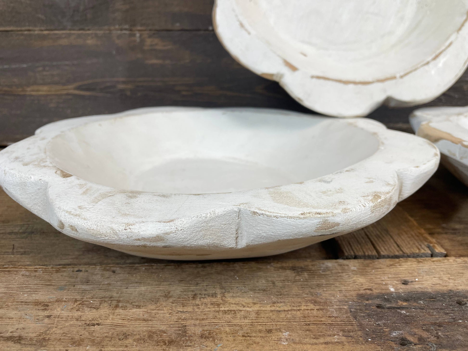 Small Flower Dough Bowl: rustic white ceramic, scalloped edge, weathered look. Available in multiple sizes.