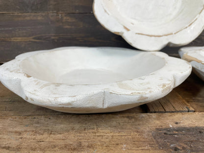 Small Flower Dough Bowl: rustic white ceramic, scalloped edge, weathered look. Available in multiple sizes.