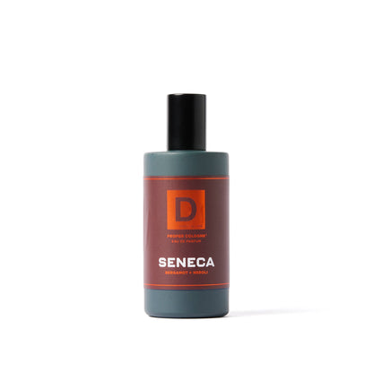 Proper Cologne- Seneca: dark green bottle, black cap, reddish-brown label with orange text; bergamot and neroli notes. Sizes vary.
