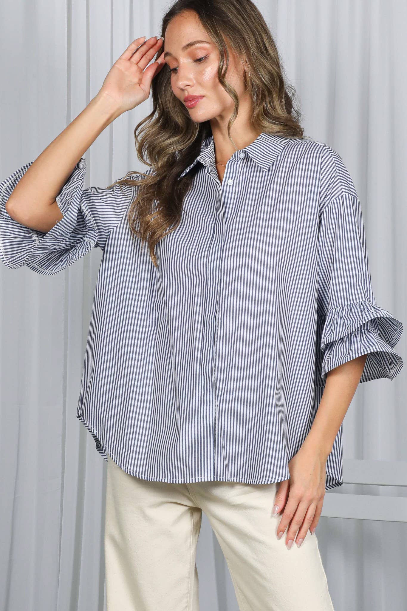 Navy Striped Ruffle Sleeve Shirt