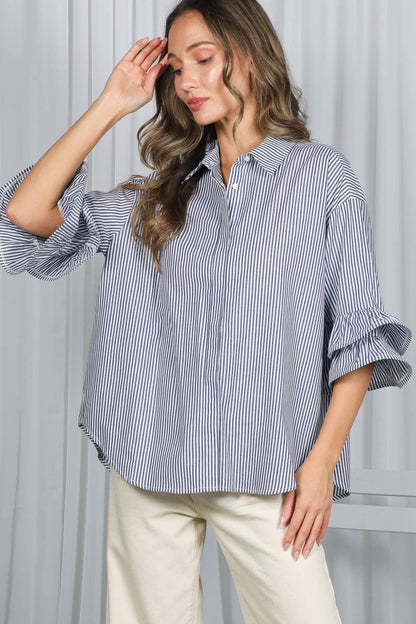 Navy Striped Ruffle Sleeve Shirt