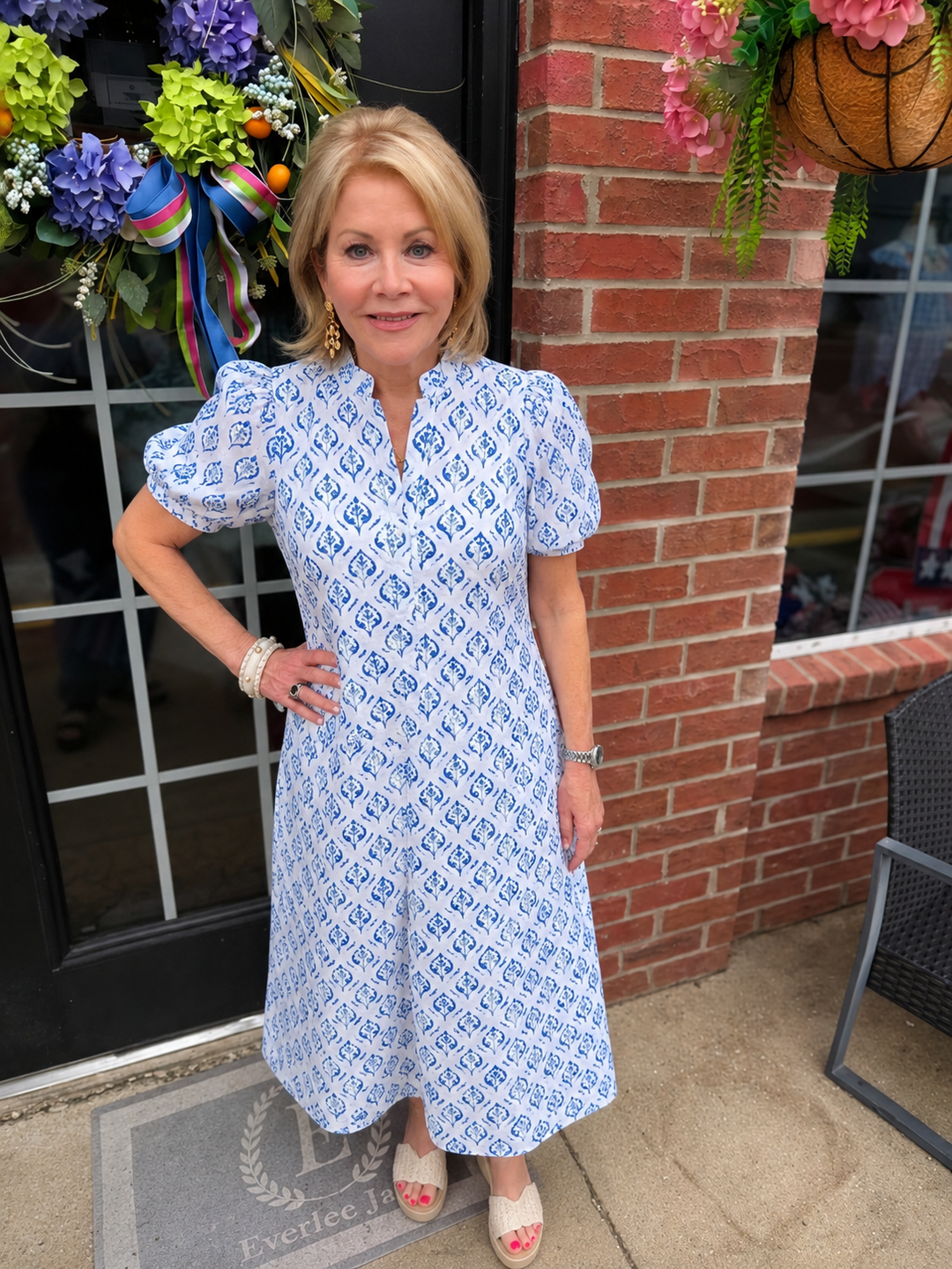 Cobalt & White Button Down Mini Dress, available in sizes XS-XL. Features button front and mini length.