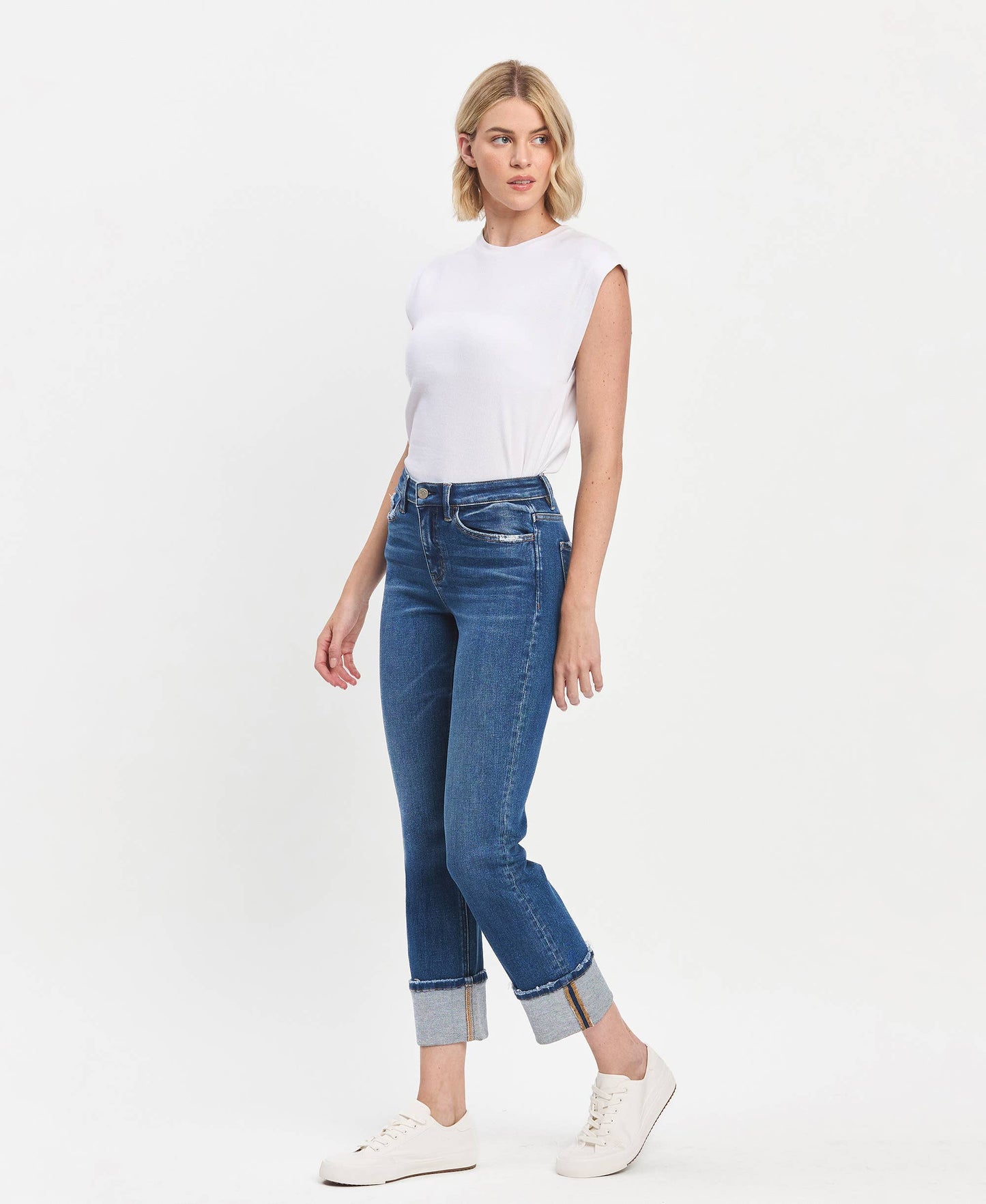High Rise Cuffed Slim Straight Blue Jeans. Available in sizes 24-32.