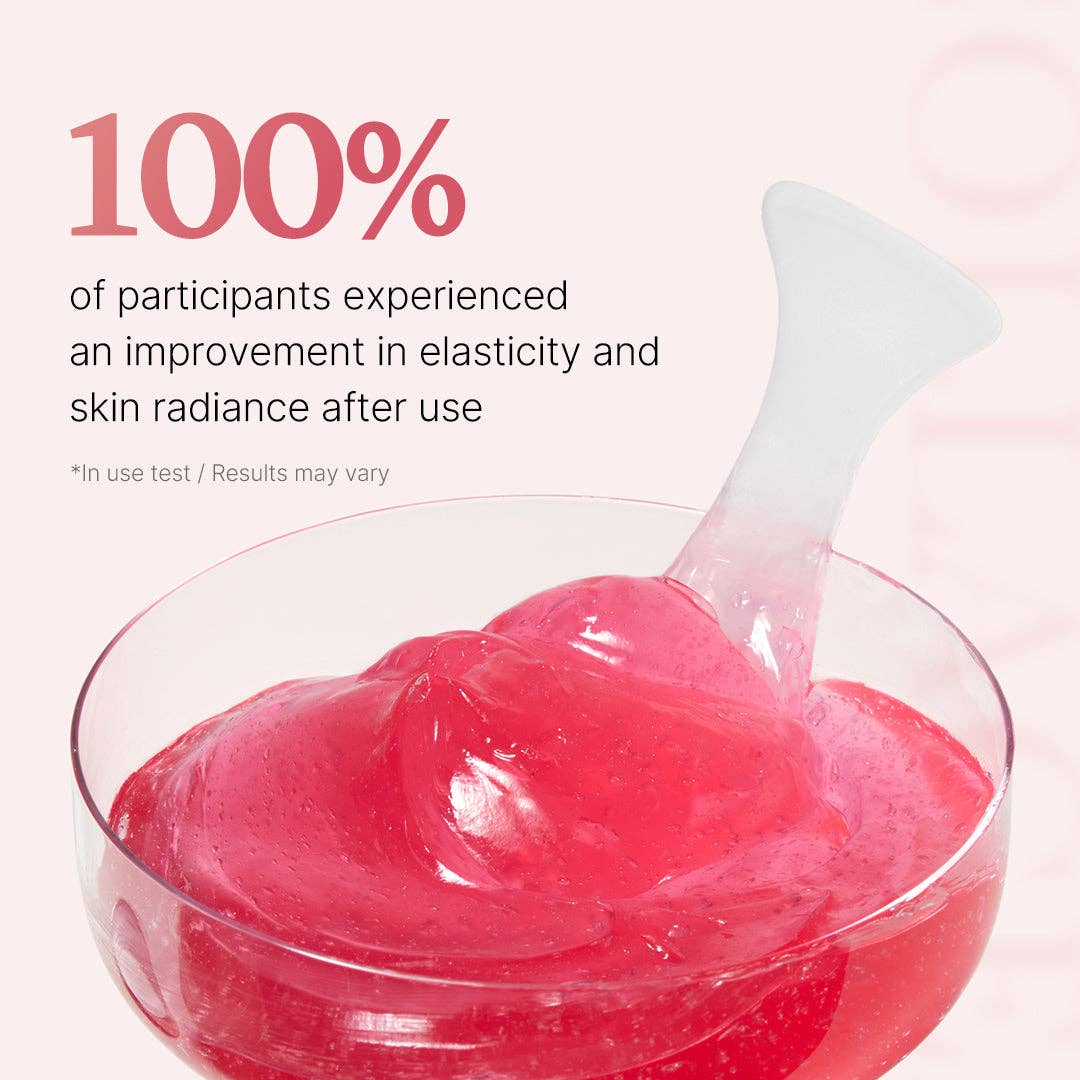 A spatula lifts pink MEDICUBE Collagen Niacinamide Jelly Cream. Text: “100% saw improved elasticity and radiance.” Sizes: 50ml, 70ml.