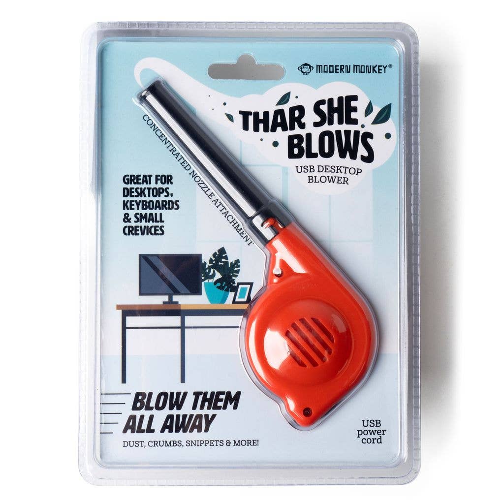 The Modern Monkey® USB Desktop Blower is red with a black nozzle, "Thar She Blows" label, USB-A powered. Sizes available.