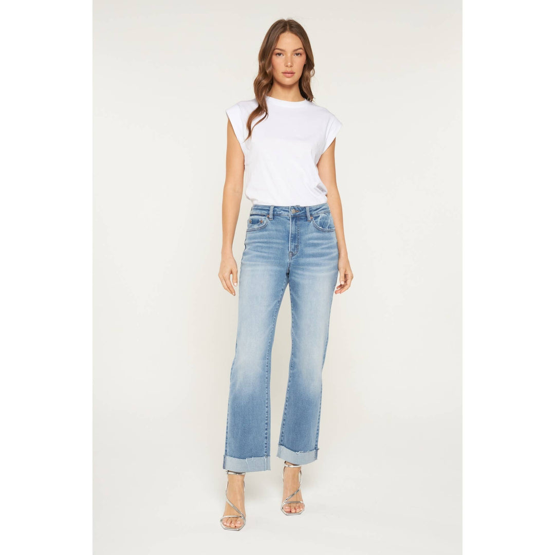 High-rise straight-leg women’s denim, Queen Blue, size 29. Light wash, wide cuffed hem.