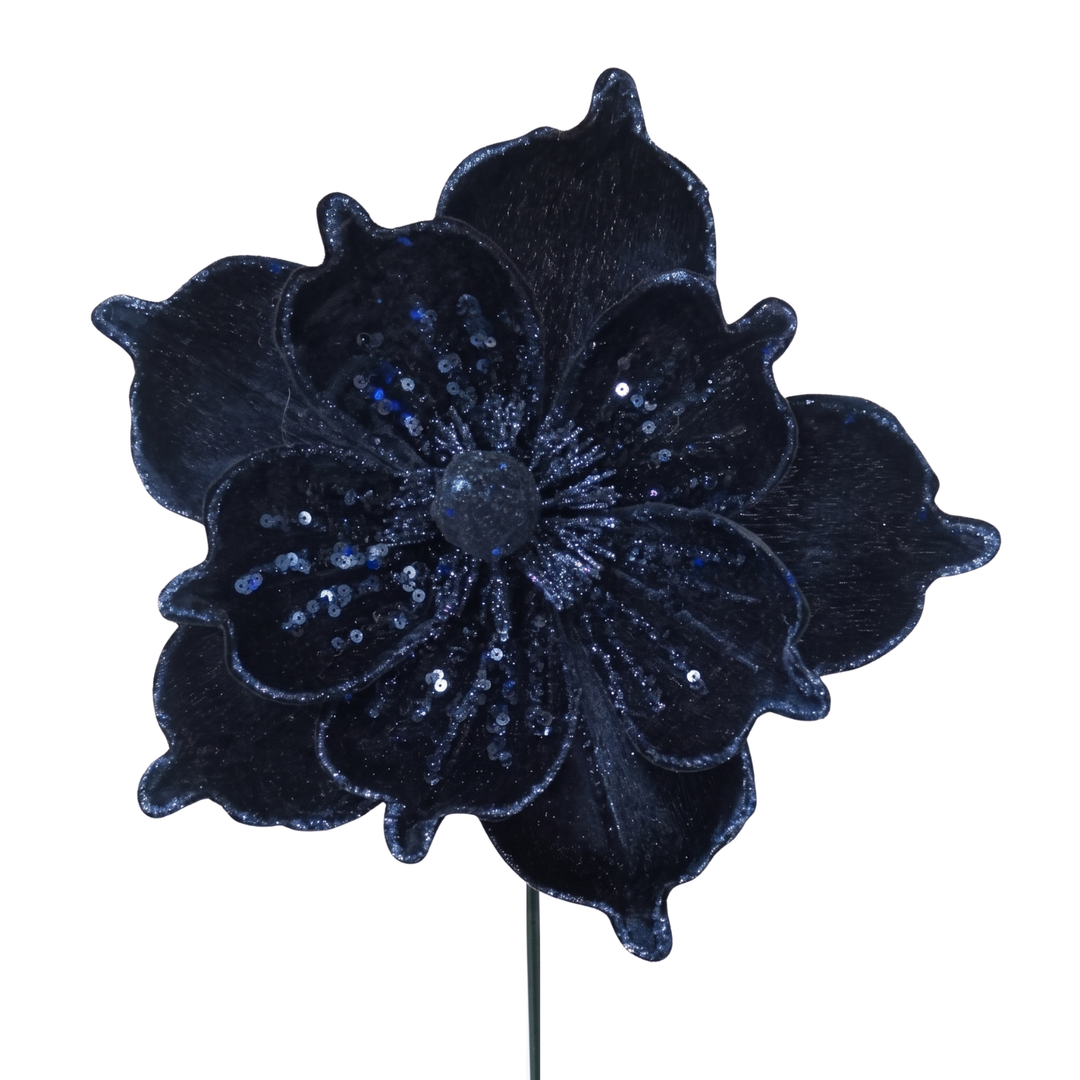 Navy velvet magnolia stem with five dark petals, blue sequins, thin green stem, 9” diameter.