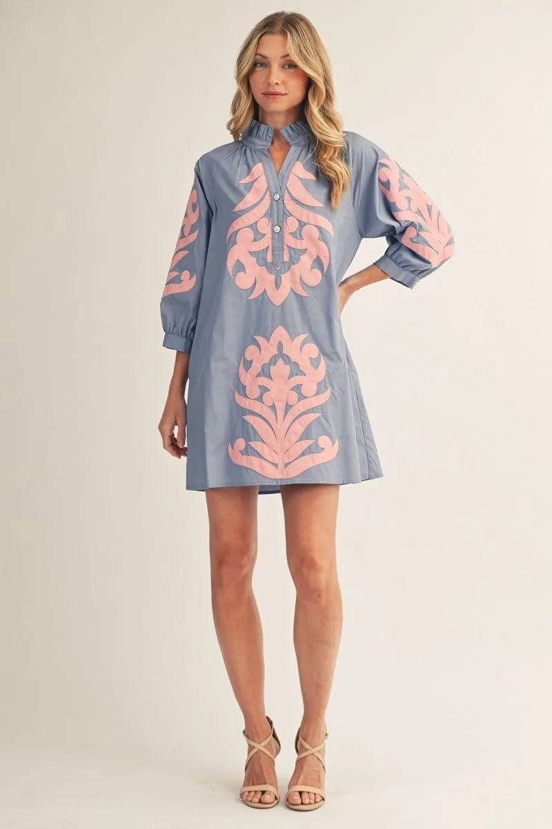Cornflower Blue & Pink Baroque Applique Shift Dress with pink floral appliques, 3/4 sleeves, short collar. Sizes XS-XL.