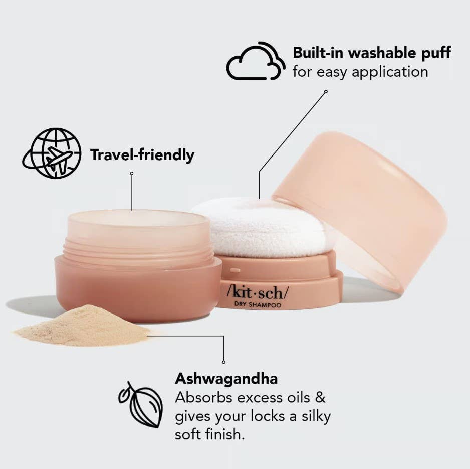 Volumizing Rice Protein Dry Shampoo in a round container with washable puff; travel size; available in 30g and 50g.