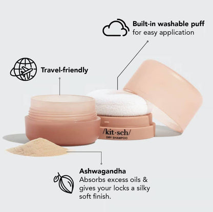 Volumizing Rice Protein Dry Shampoo in a round container with washable puff; travel size; available in 30g and 50g.