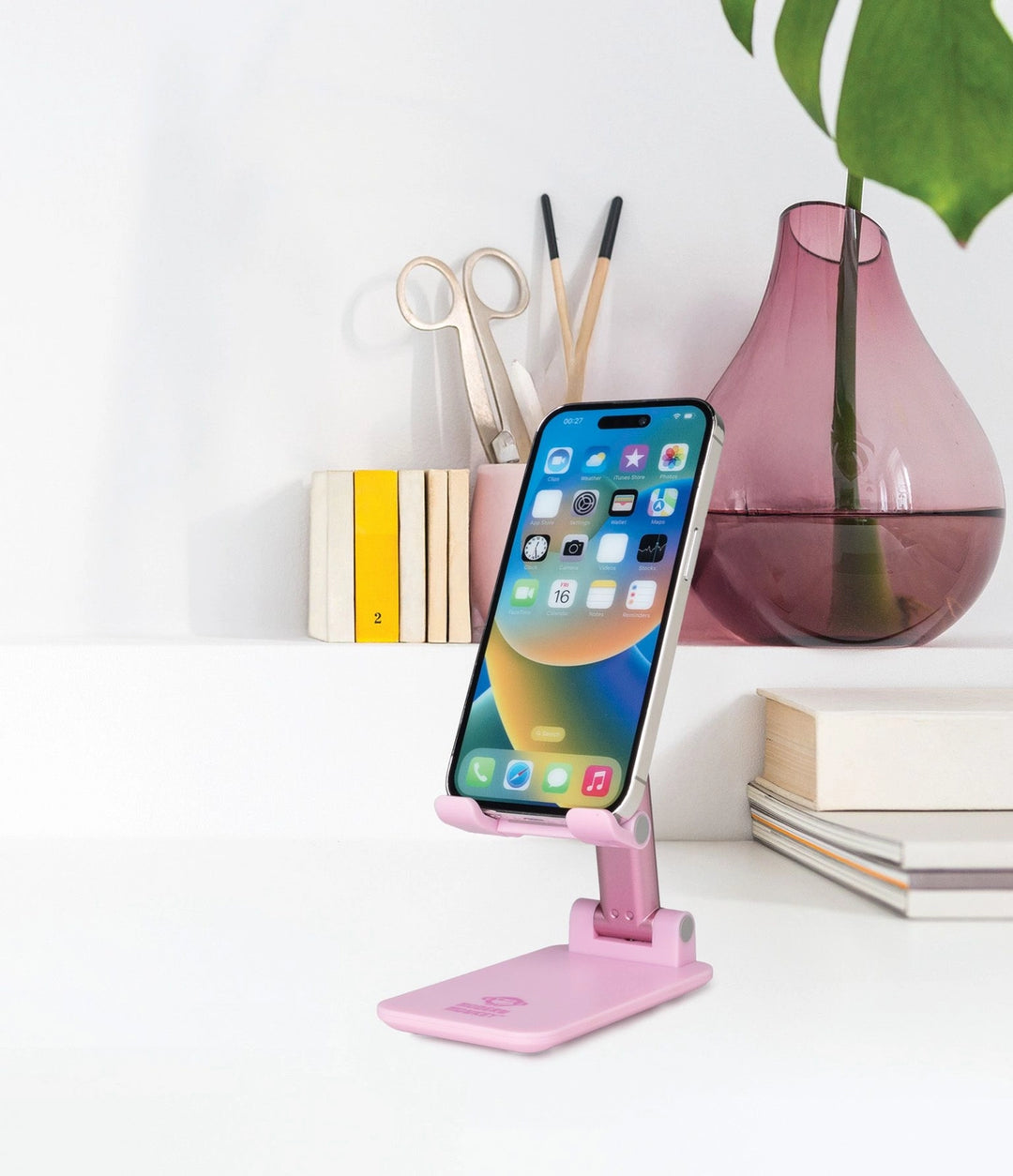 Hold The Phone Folding Tech Stand with smartphone, available in small, medium, and large sizes.
