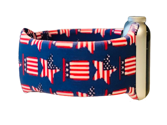 The stars and stripes Apple Watch band 38/40 mm has blue background with red white and blue stars and red white and blue flags