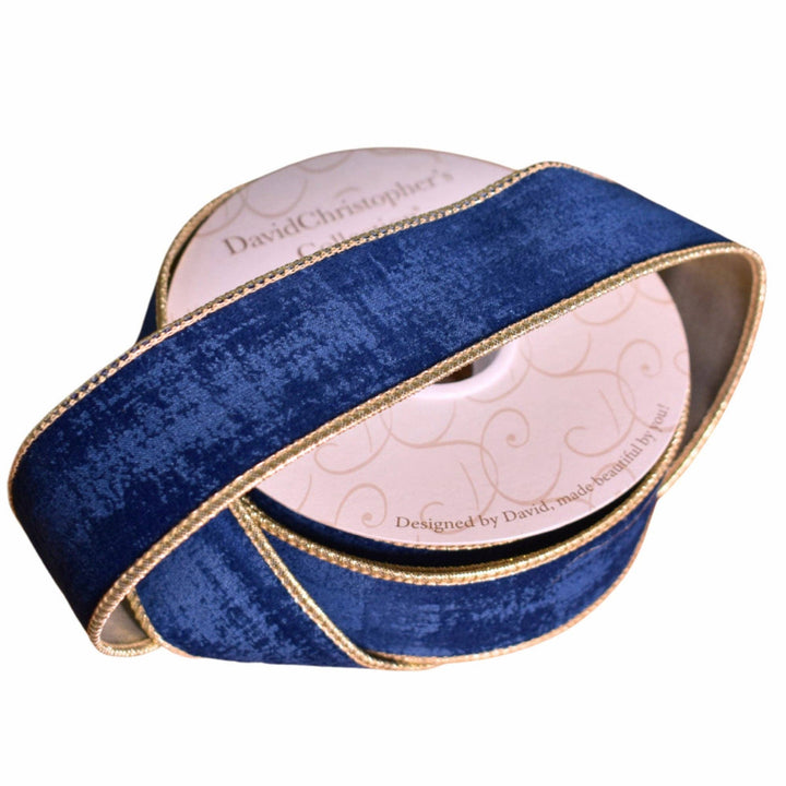 Textured navy blue velvet ribbon with gold edges, 1.5″ x 10yd.