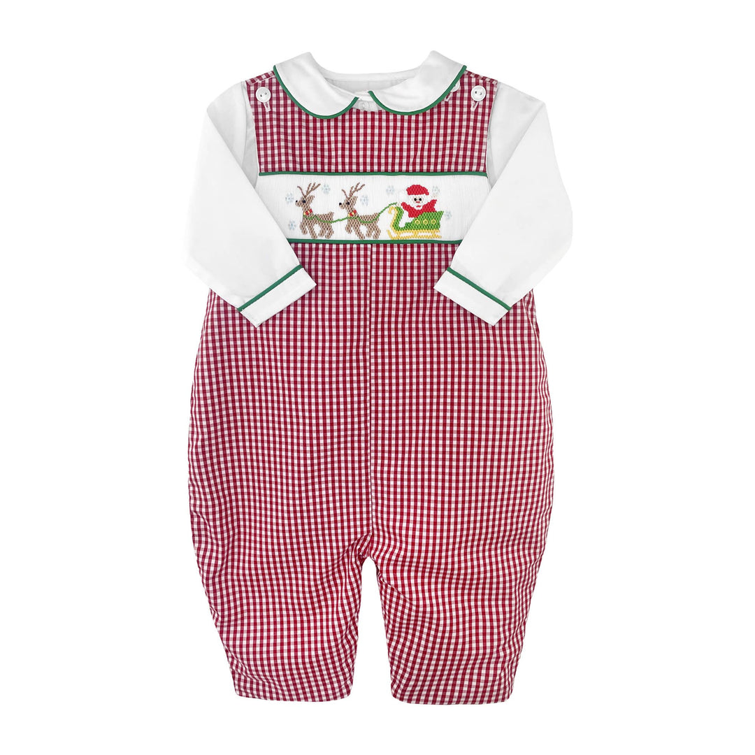 Red and white gingham Christmas longall with hand-smocked Santa and reindeer embroidery, layered over a white long-sleeve shirt.