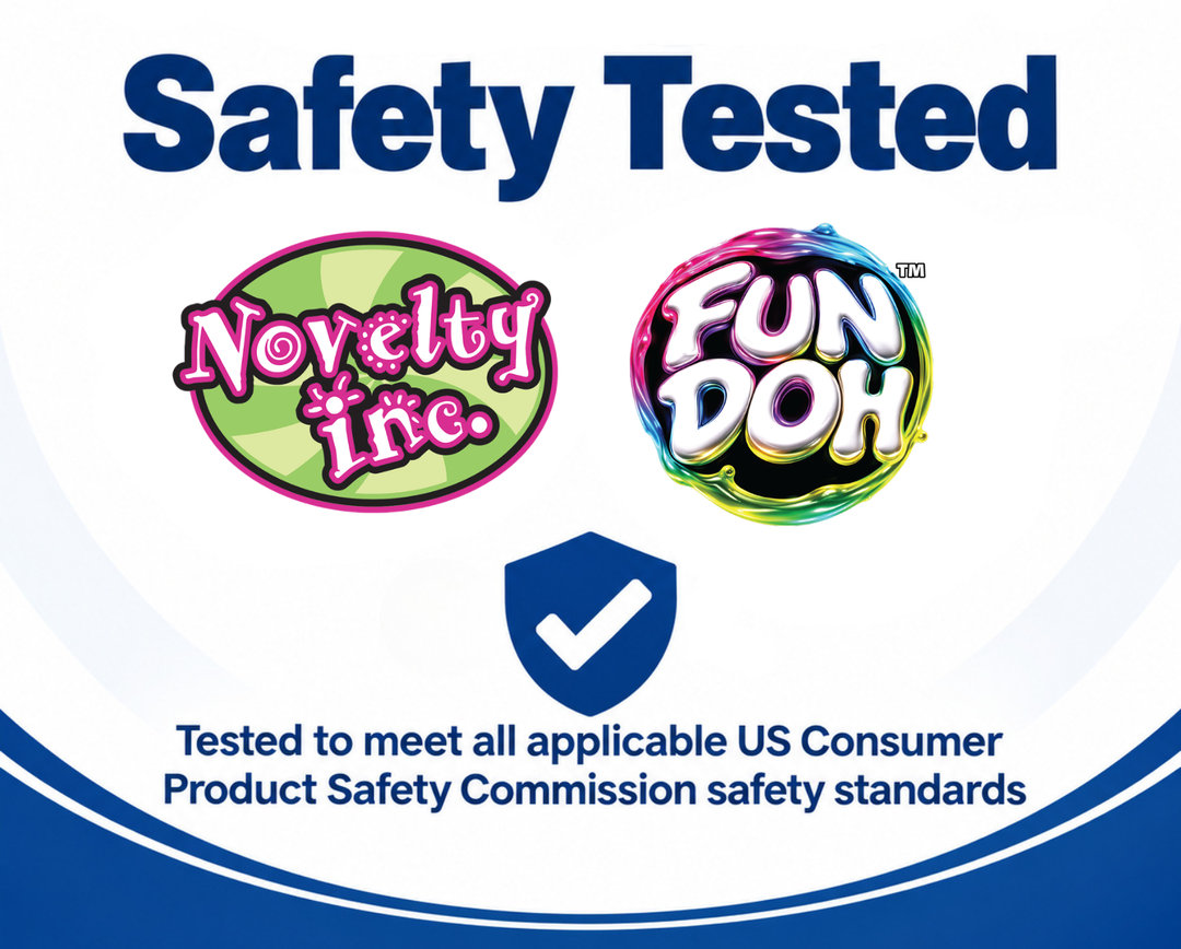 Safety Tested badge for Fun Doh Squish &amp; Squeeze Sparkle Cube Fidget Toy, 12/Display.